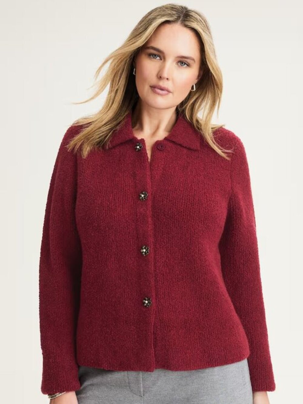 J.Jill Boucle Cardigan 2X Burgundy Wine Pearl Floral Button Coquette Shabby Chic
